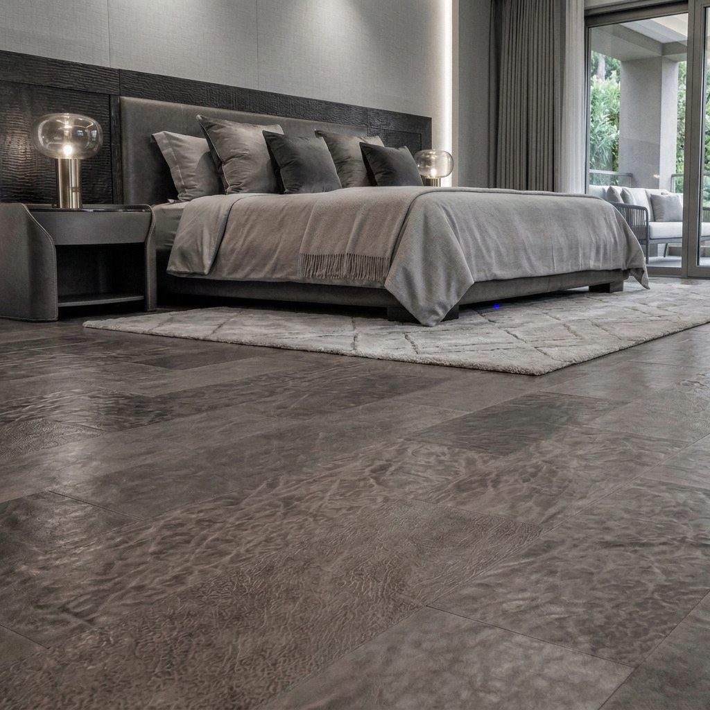Bedroom with textured leather flooring in gray.