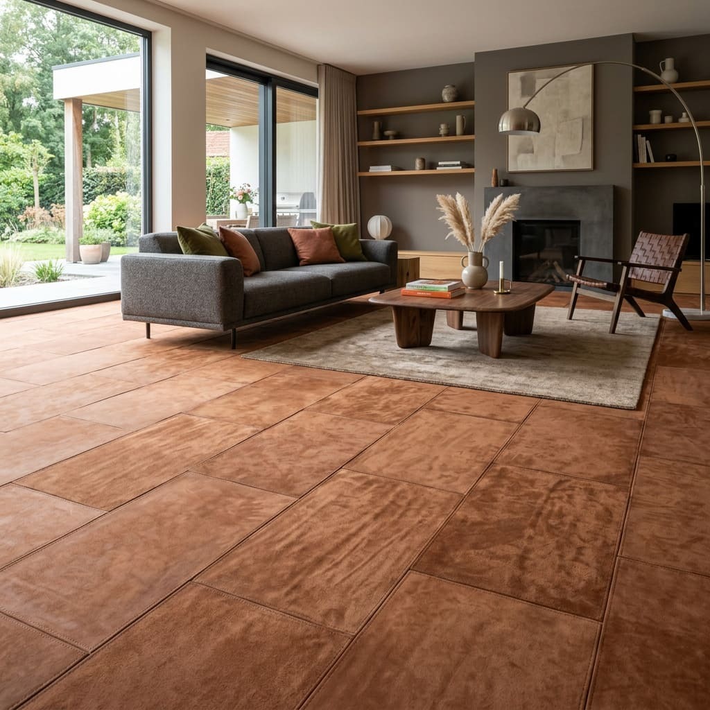 High-end living room with cognac-colored suede leather floor.