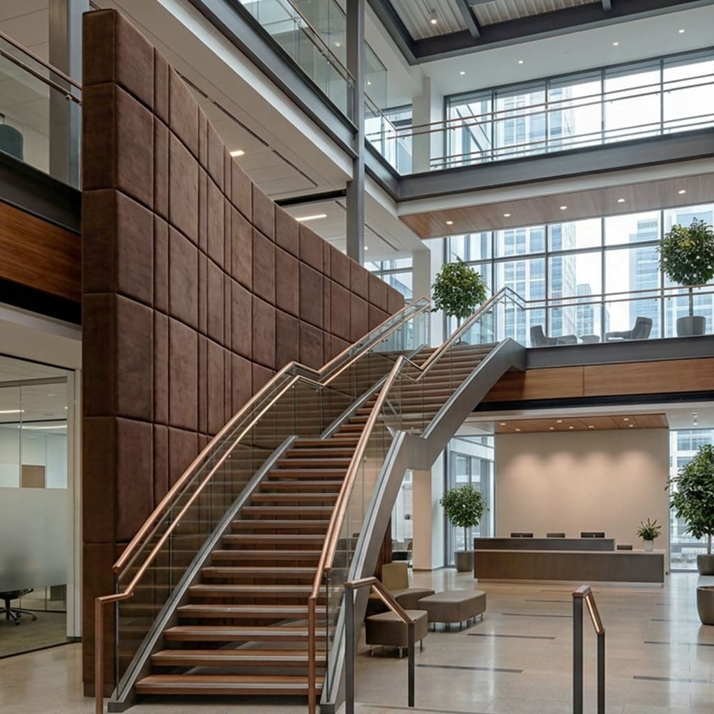 Acoustic wall panels made of suede leather for soundproofing in a corporate foyer.