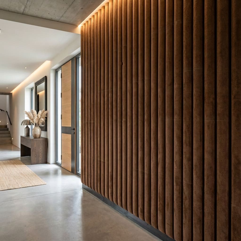 Entrance hall with half-round acoustic panels in brown suede leather.