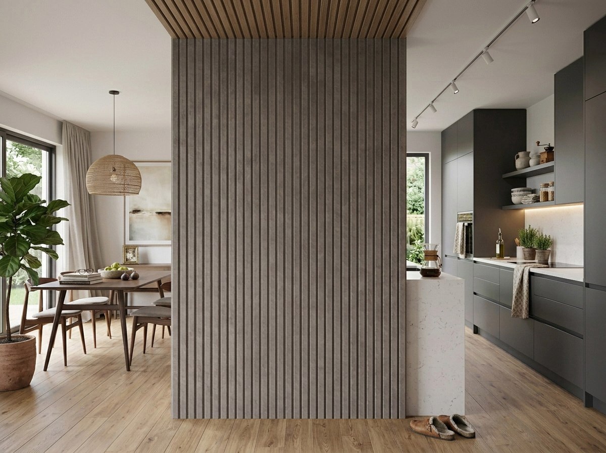 Gray suede acoustic panels partitioning a modern kitchen and dining room.